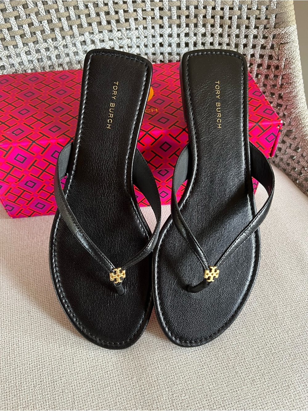Tory Burch Black Leather Gold-Logo Thong Sandals